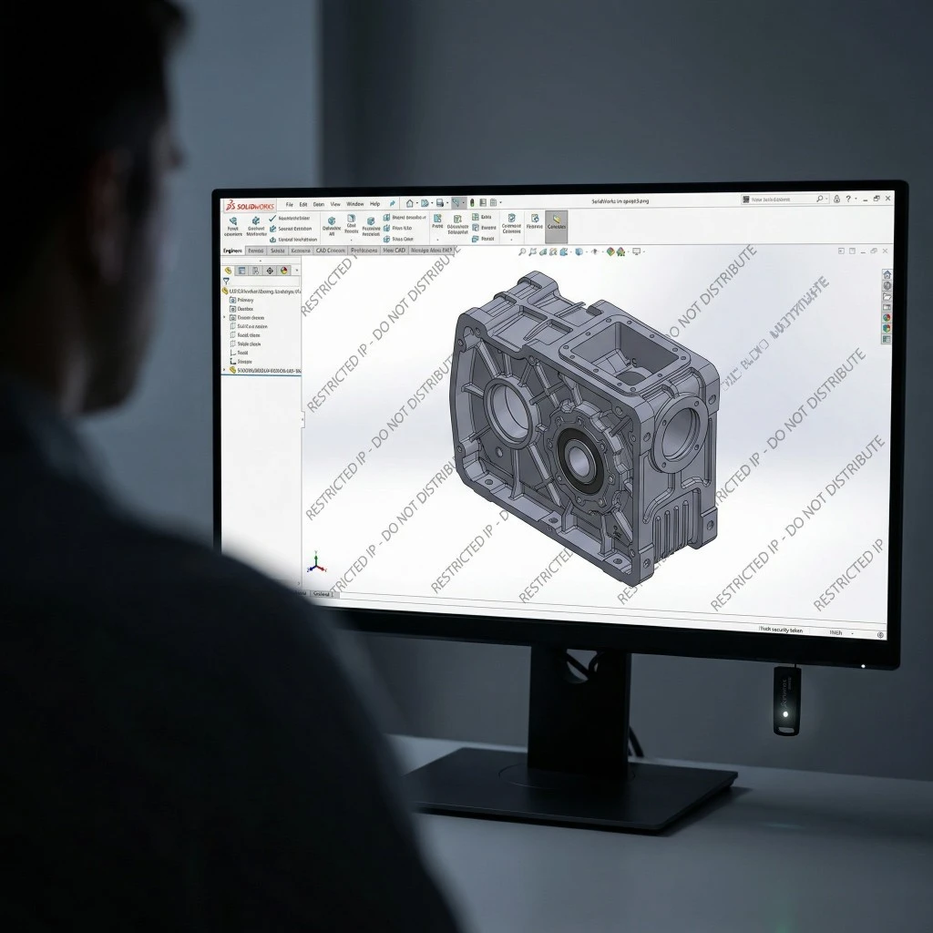 restricted CAD model display representing confidential engineering data handling and access control