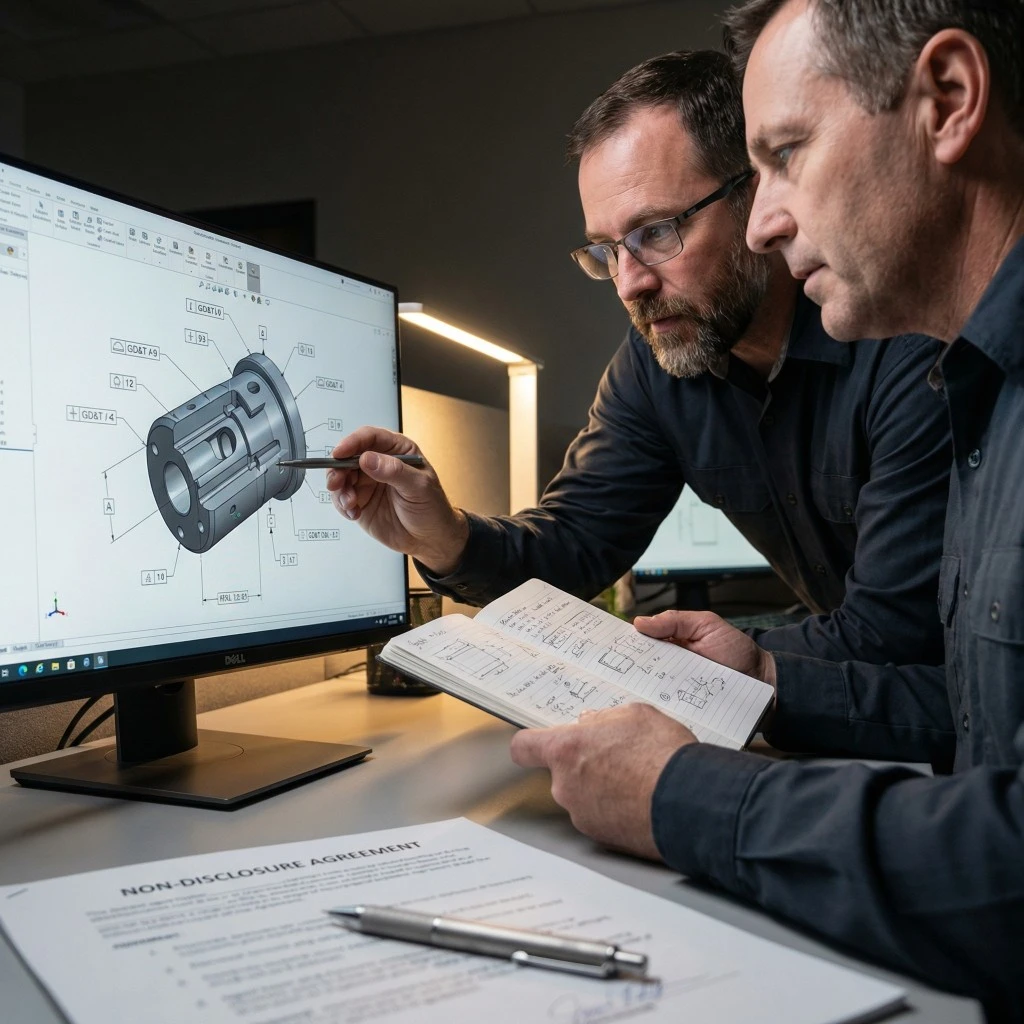 engineers reviewing CAD model and technical notes for machining feasibility assessment