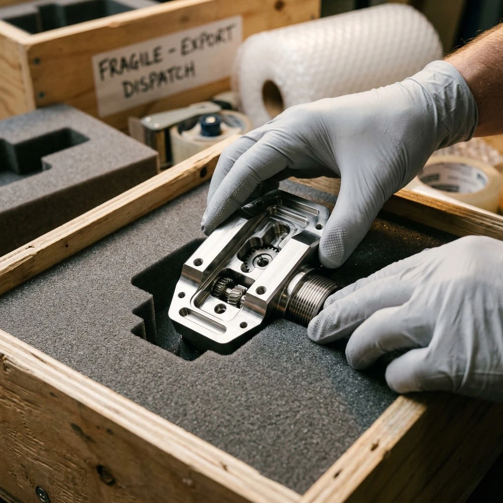 precision machined component secured in protective foam packaging for safe shipment