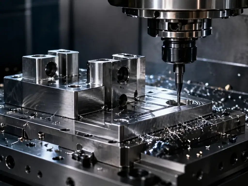 CNC milling machine machining a precision metal fixture block with pockets, holes, and machined surfaces