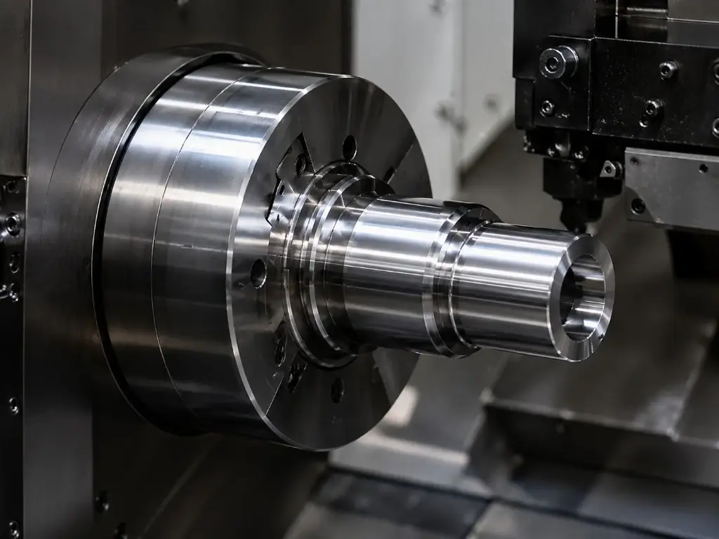 Precision turned metal shaft mounted in a CNC turning machine with stepped diameters and a machined bore