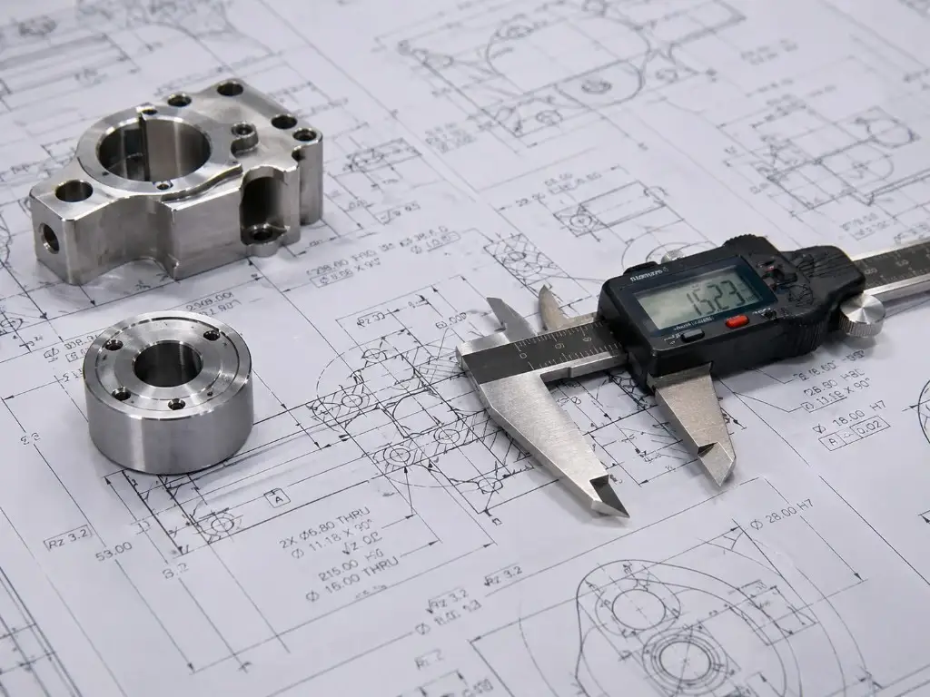 Machined metal parts and a digital caliper placed on engineering drawings for DFM and drawing review