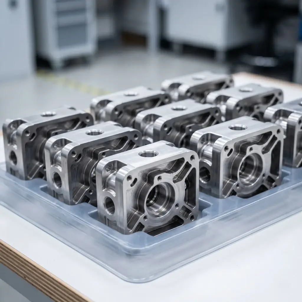 multiple machined aluminum parts arranged in a tray in a workshop environment
