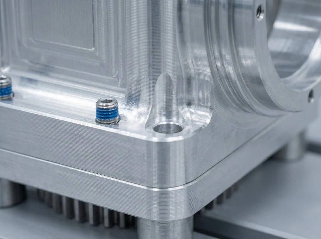 close-up of a machined aluminum component showing threaded and precision features
