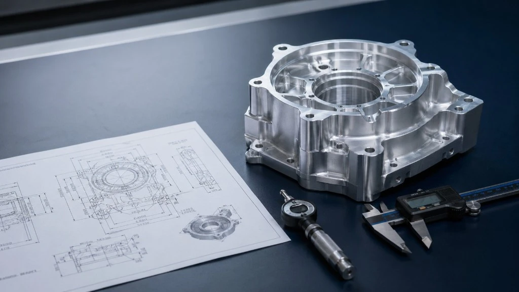 Machined aluminum housing with technical drawing and measurement tools for tolerance review