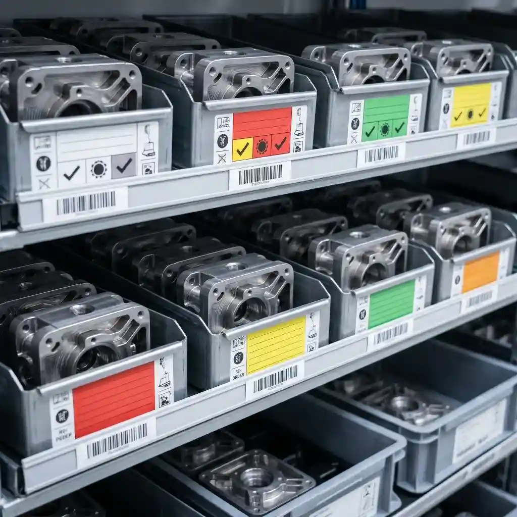 machined parts stored in labeled bins on a rack with organized batch separation