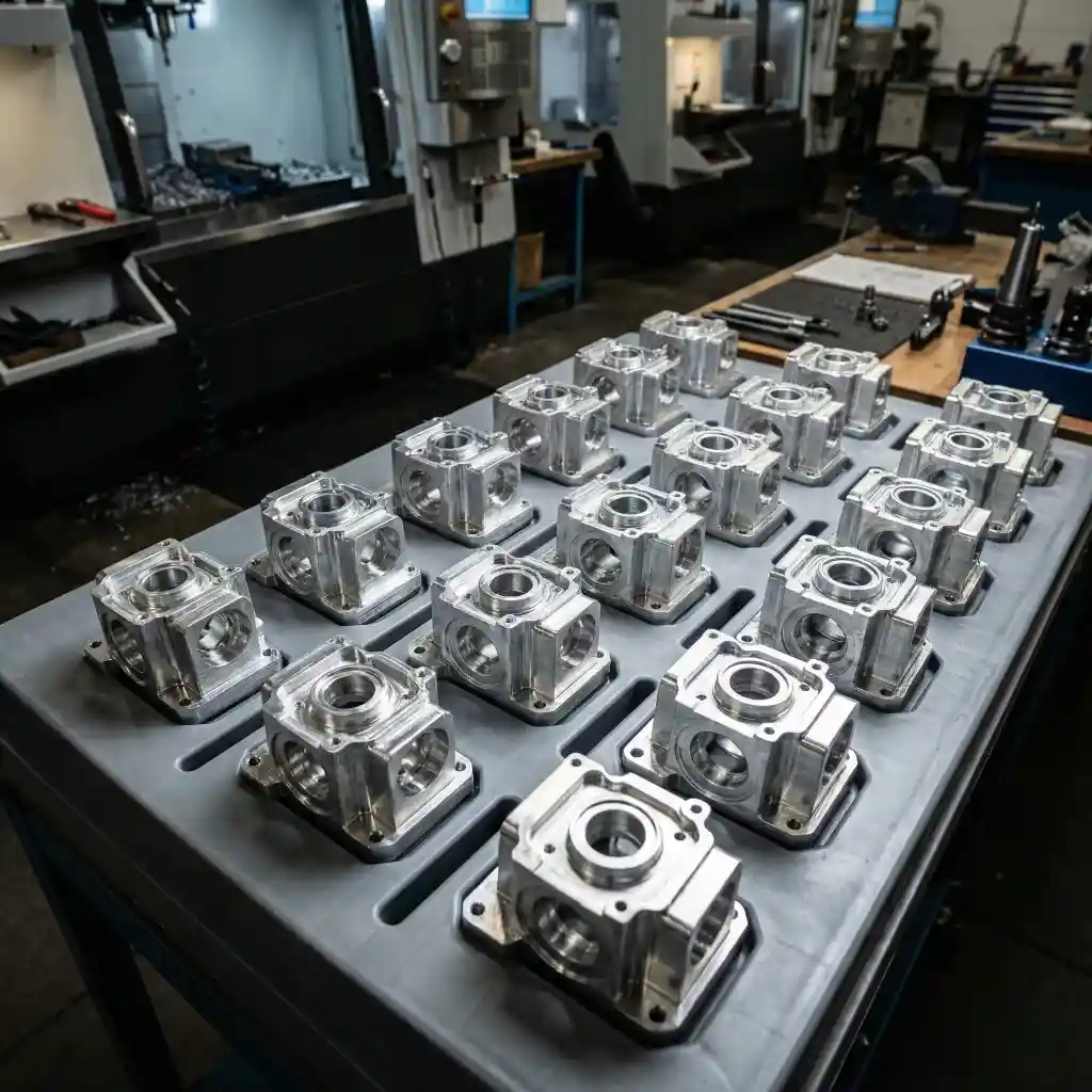 small batch of machined prototype parts arranged for pilot-stage review in workshop
