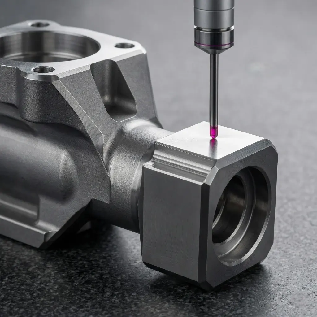 inspection probe checking a machined metal prototype feature on a precision surface