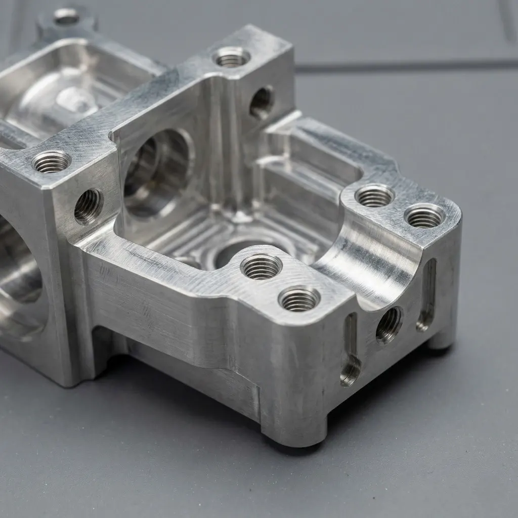 machined aluminum prototype housing detail with threaded holes and internal pocket features
