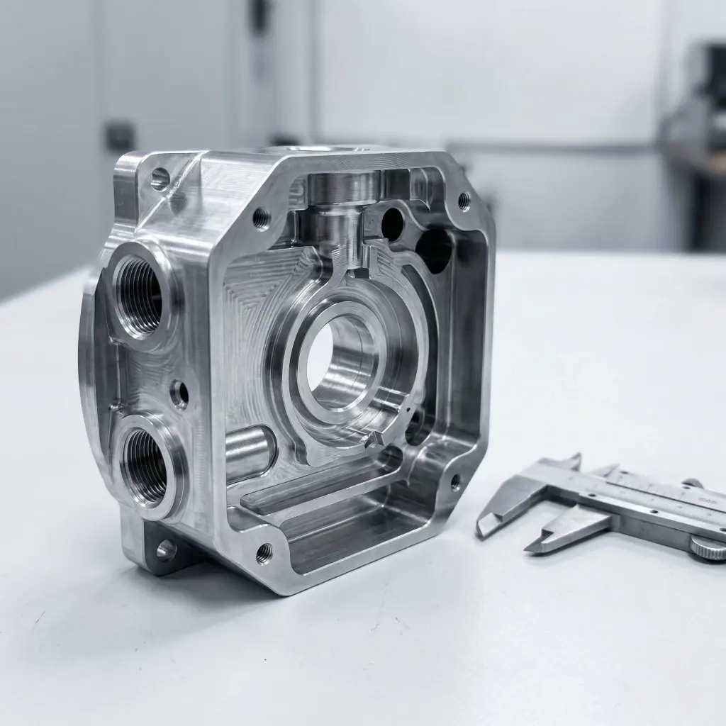 single precision machined aluminum part placed on a workbench with a caliper nearby
