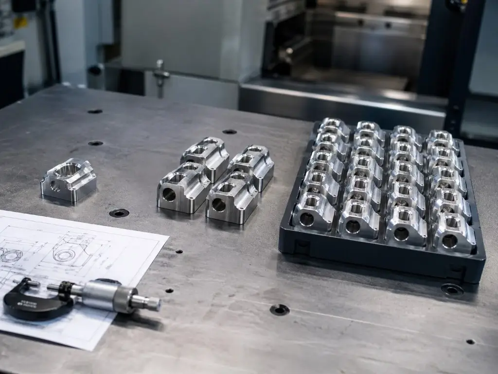 Single machined part, a small batch, and a larger tray of identical machined parts arranged beside a technical drawing and micrometer
