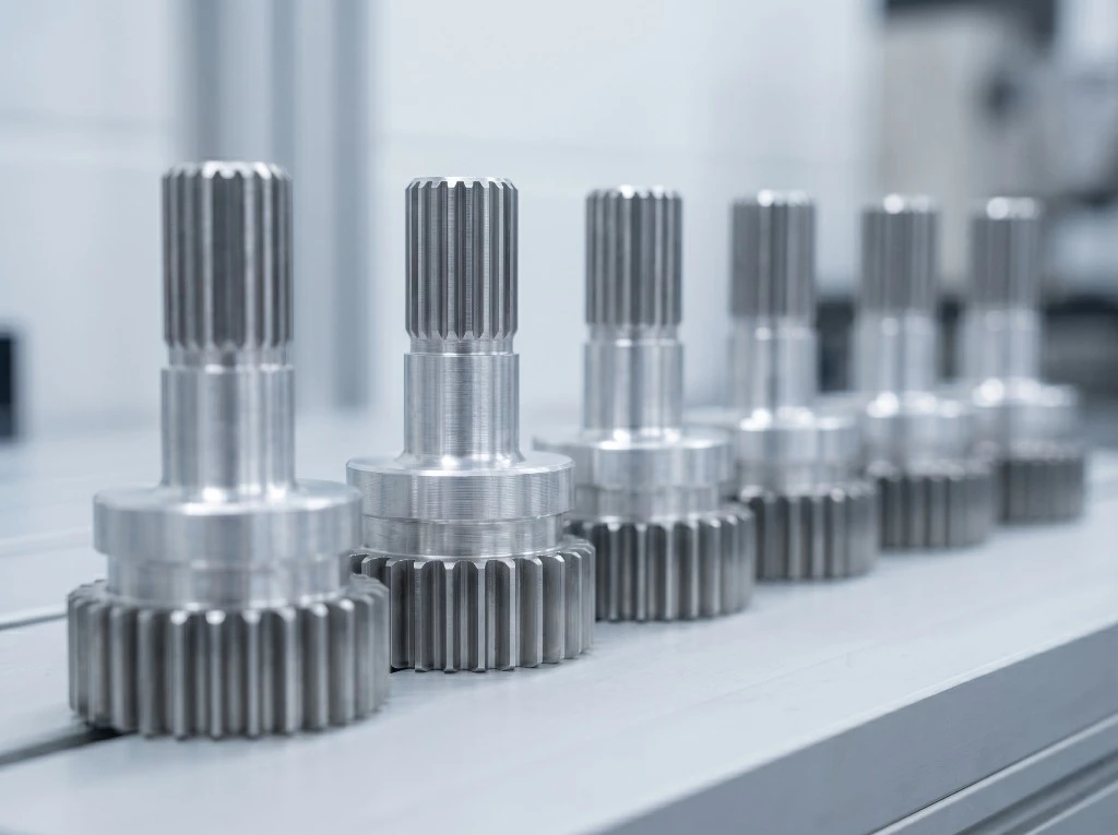 identical machined metal components aligned in a row showing repeat consistency