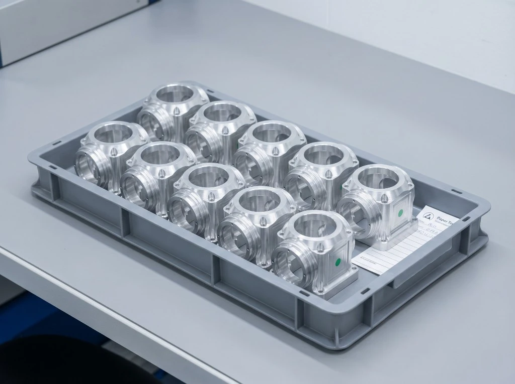 multiple machined components arranged in a tray indicating a small batch production setup