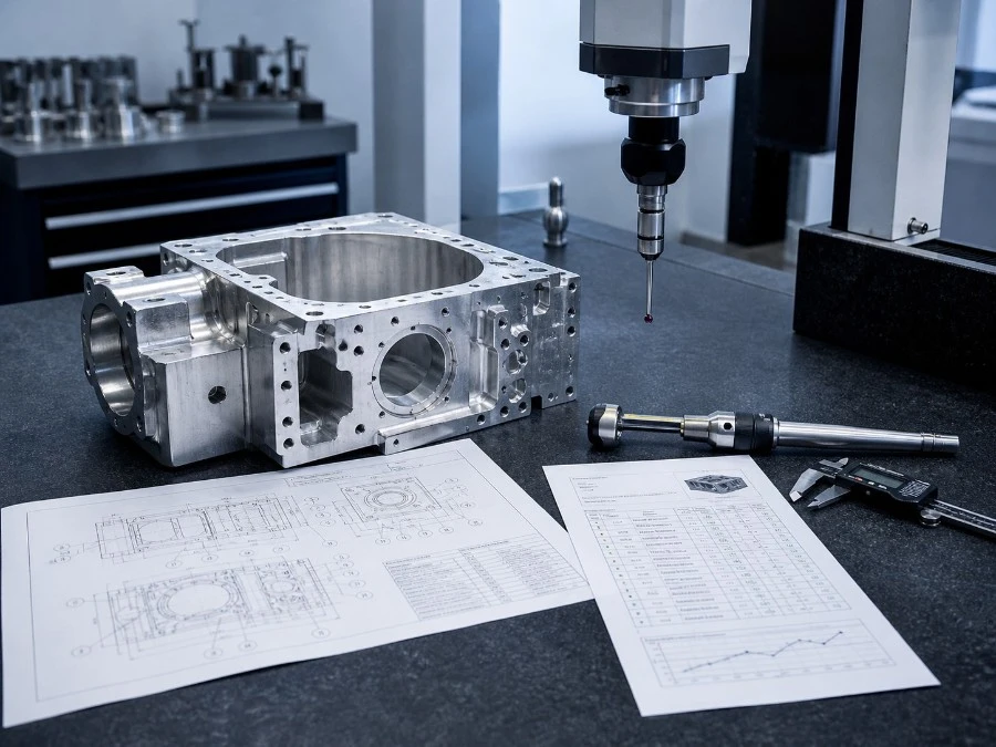 Precision machined aluminum part with CMM probe, engineering drawing, and inspection report for FAI and CMM inspection scope review