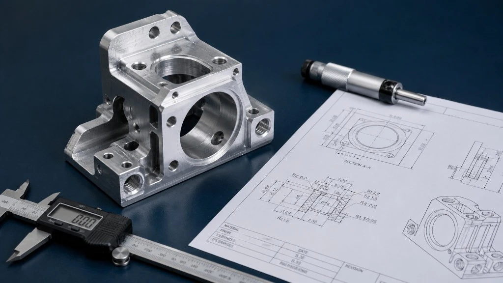 Precision-machined aluminum bracket on a technical drawing with caliper and micrometer for RFQ drawing review.