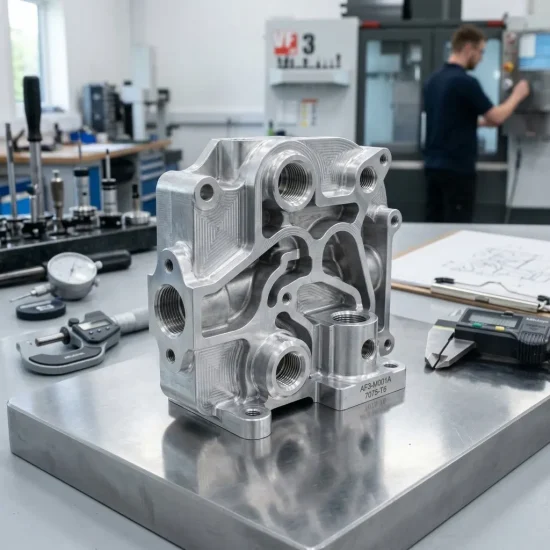 machined aluminum prototype part shown on inspection table in workshop